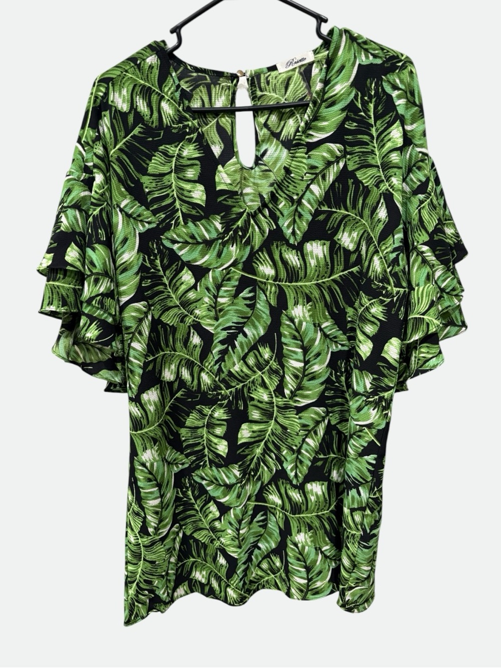 Tropical Leaf Print Mini Dress Green Black Size L
